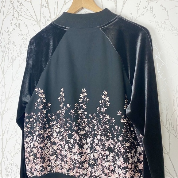 A NEW DAY BLACK Velvet Sleeve Cherry Blossom Bomber Jacket Zip-Up Medium - Picture 9 of 13